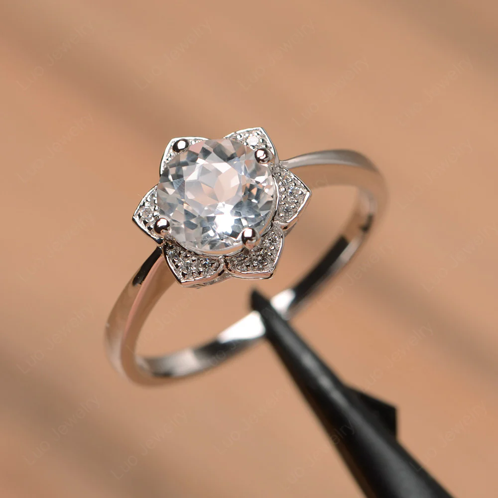 White Topaz Lotus Flower Ring
