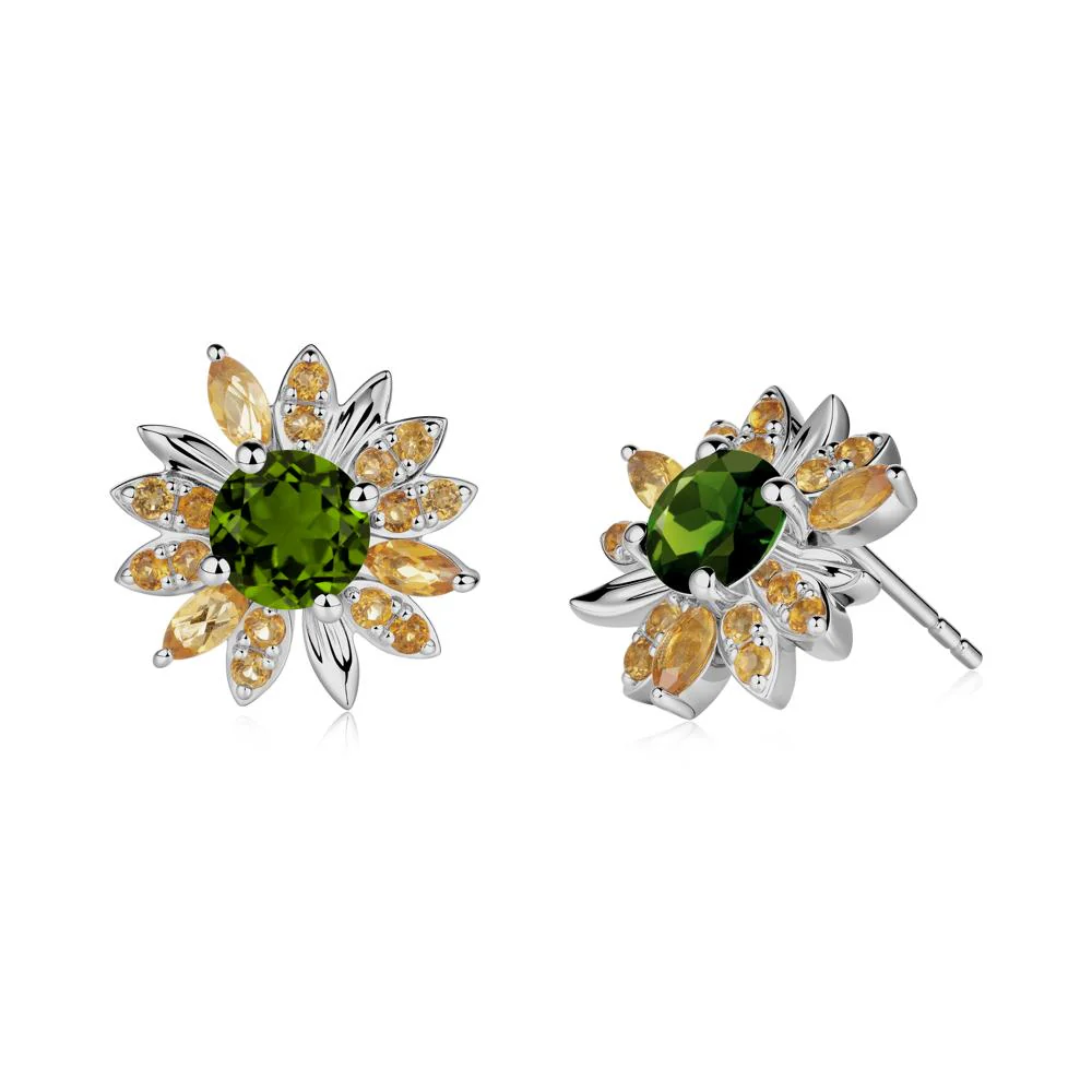 Round Diopside and Citrine Sunflower Stud Earrings - Image 5