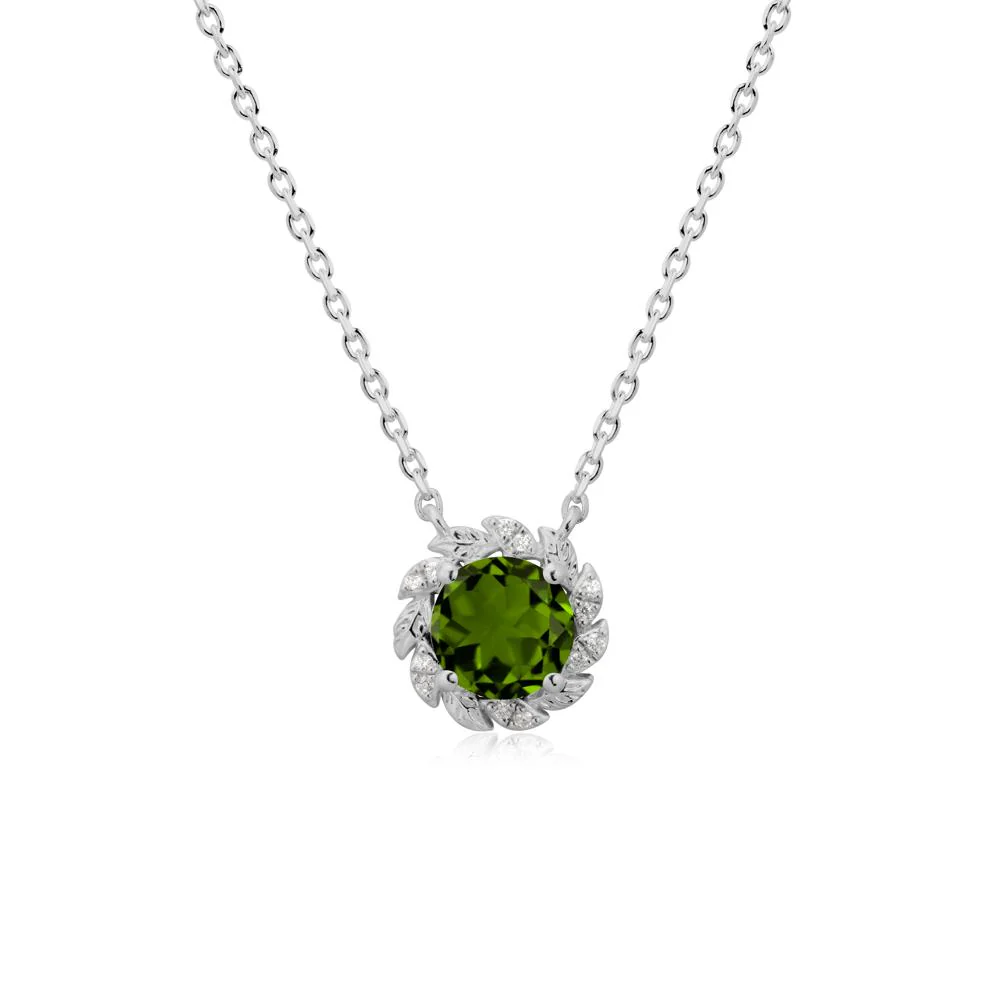 Round Diopside Leaf Halo Necklace