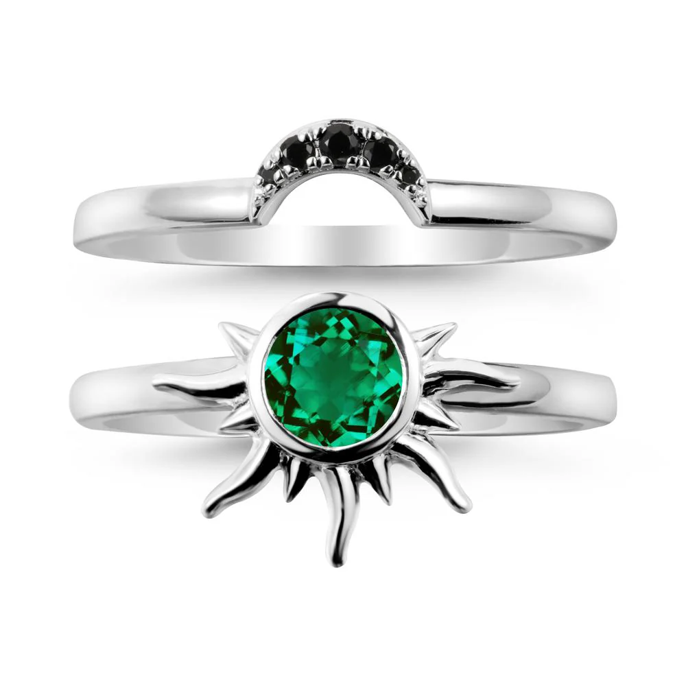 Round Emerald Sunburst Ring Set - Image 2