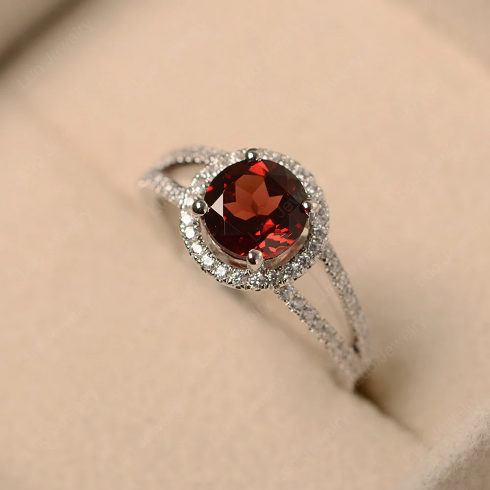 Round Garnet Halo Split Shank Ring - Image 2