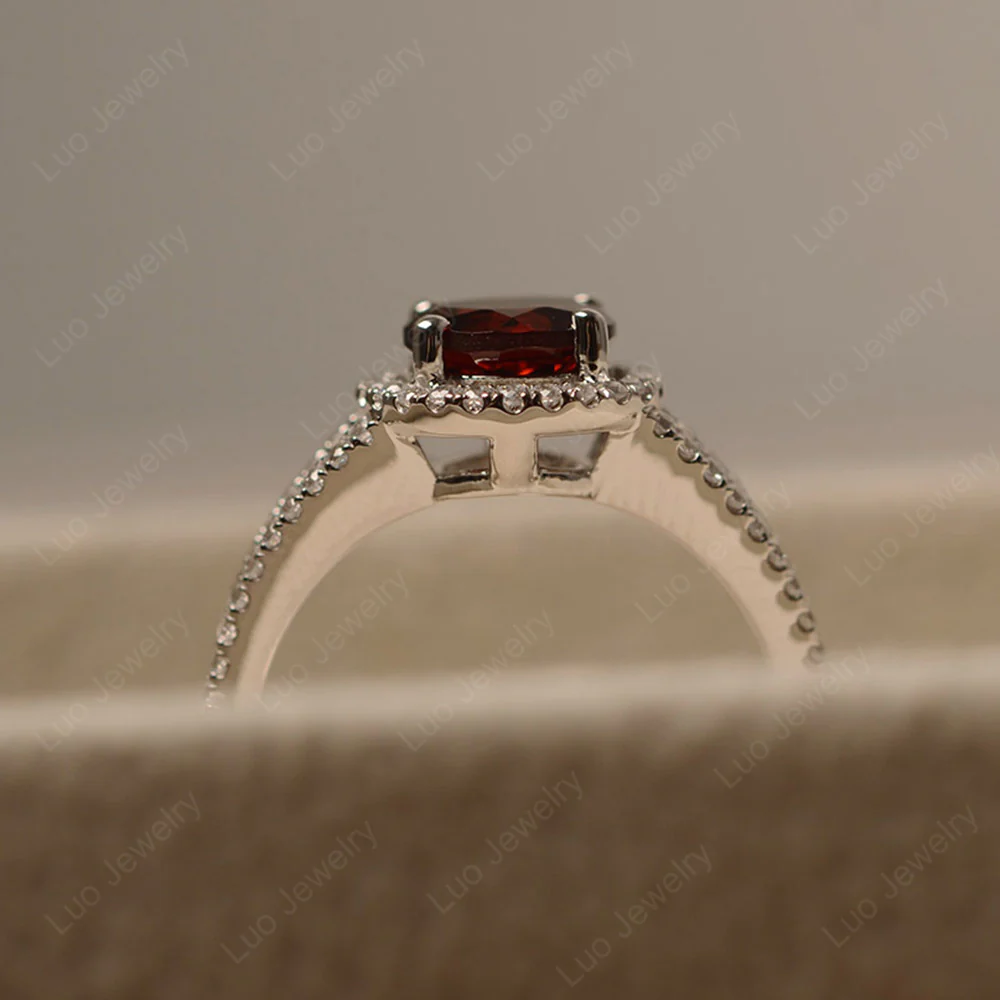 Round Garnet Halo Split Shank Ring - Image 4