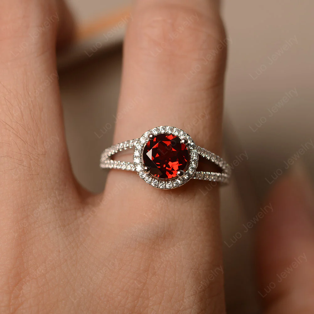 Round Garnet Halo Split Shank Ring - Image 5