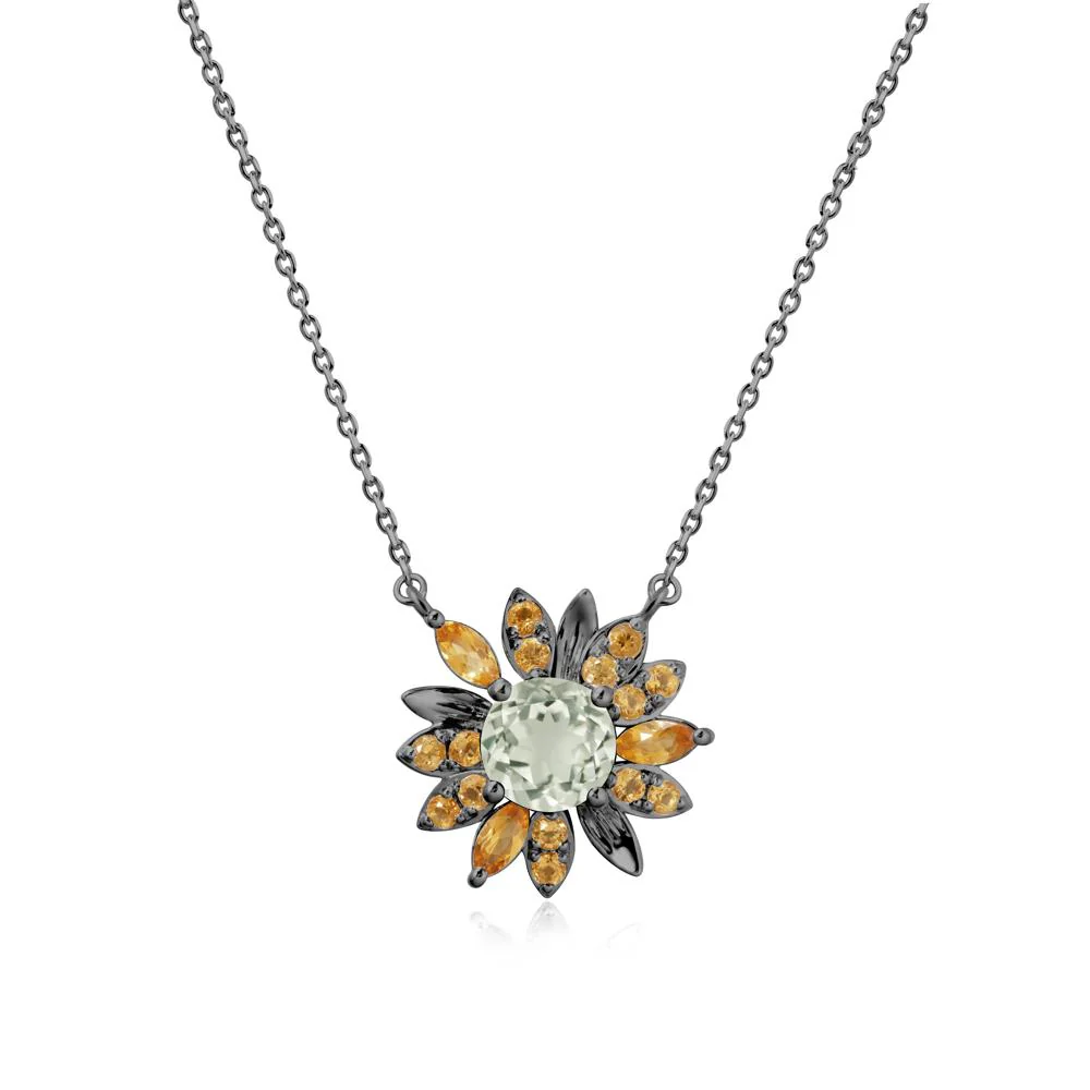 Round Green Amethyst and Citrine Sunflower Necklace