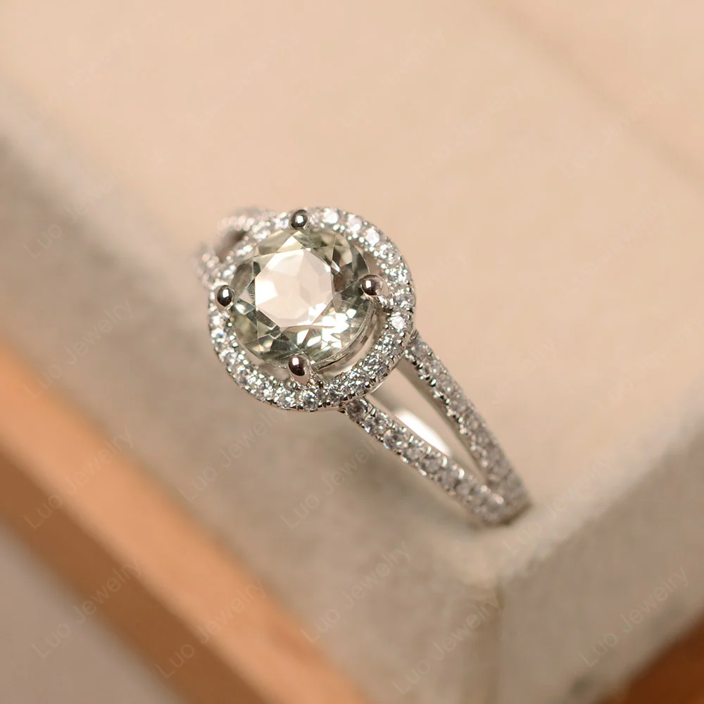 Round Green Amethyst Halo Split Shank Ring - Image 2