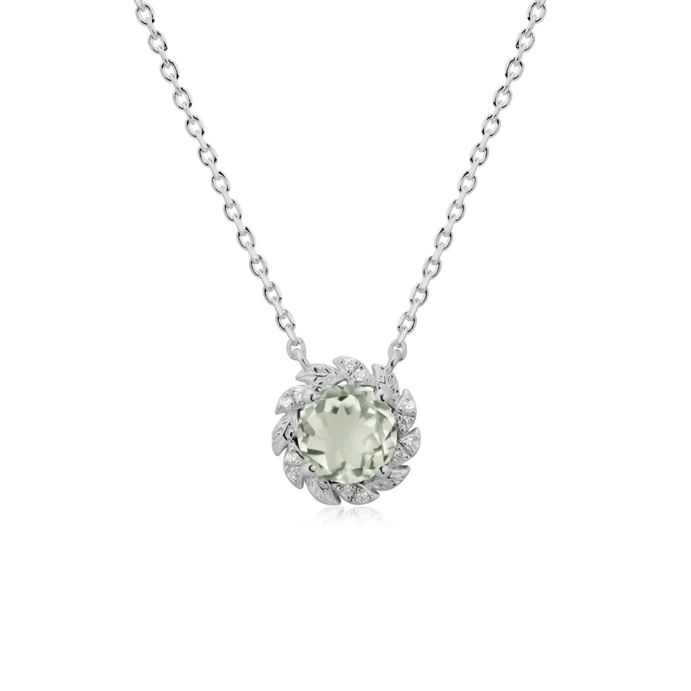 Round Green Amethyst Leaf Halo Necklace
