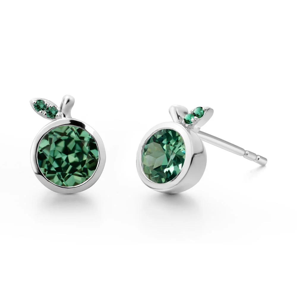 Round Green Sapphire and Emerald Leaf Stud Earrings - Image 4