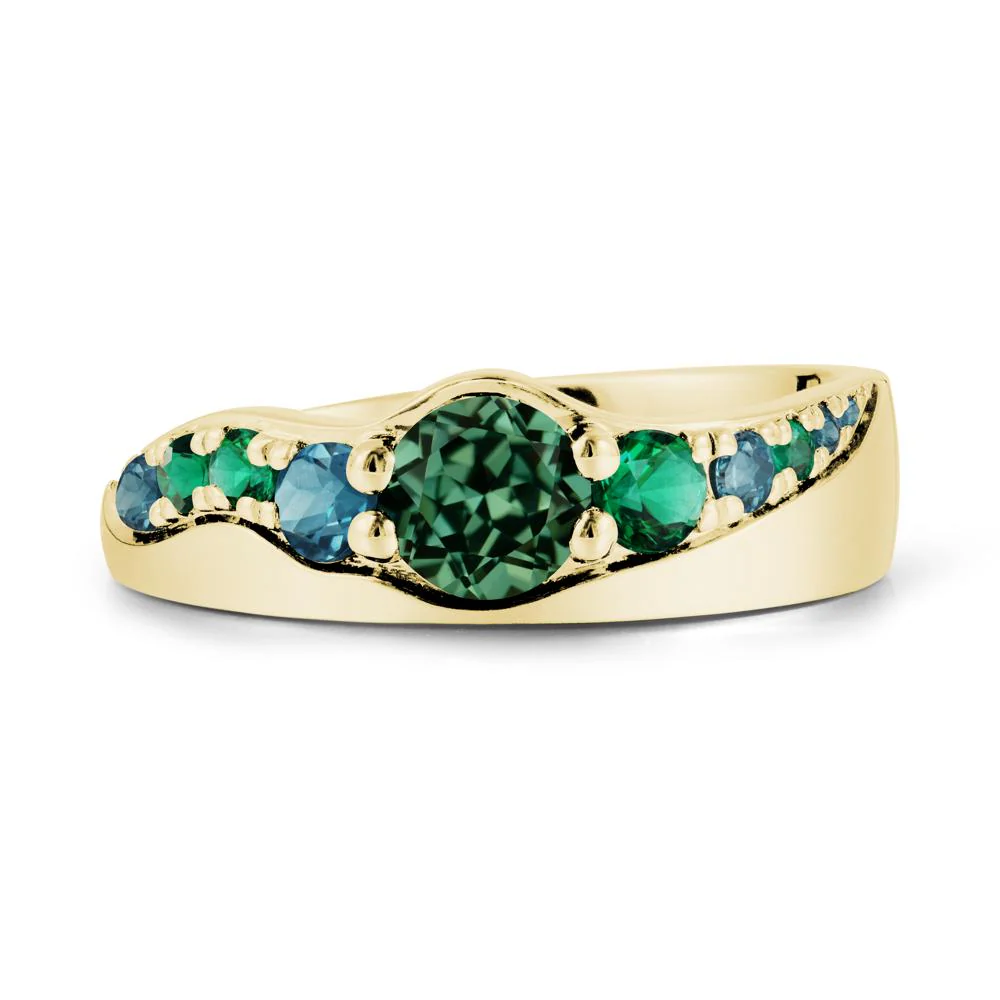 Round Green Sapphire Ring with Wave Band - Image 6