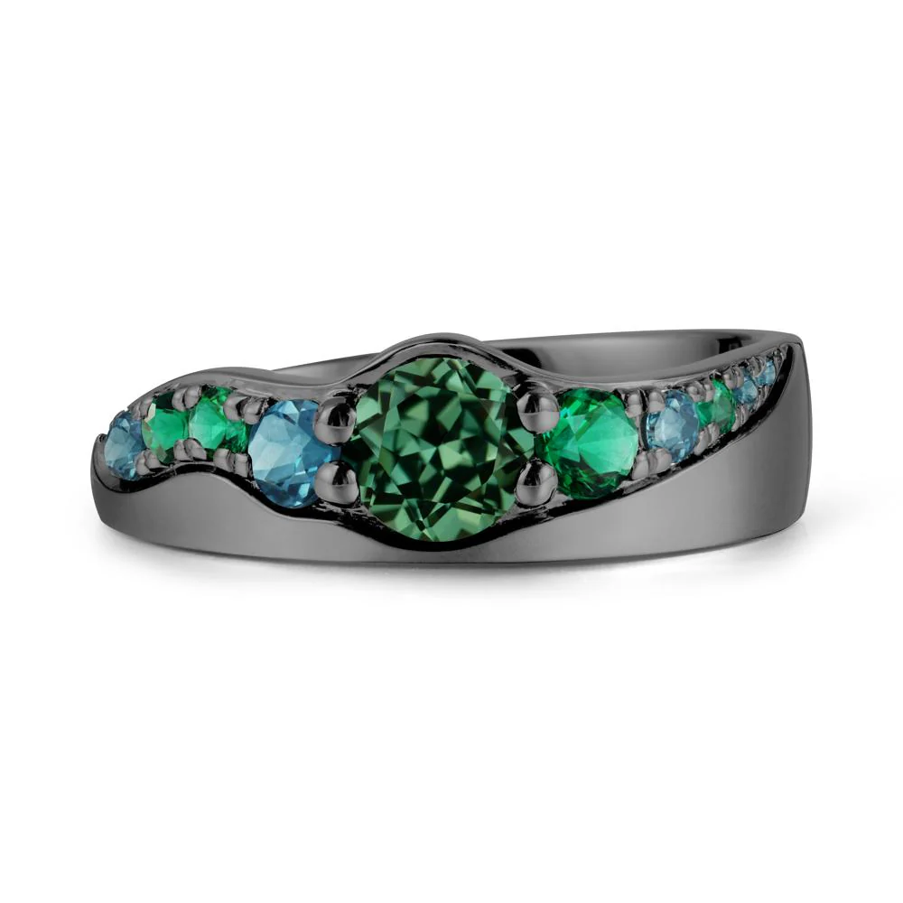 Round Green Sapphire Ring with Wave Band - Image 7