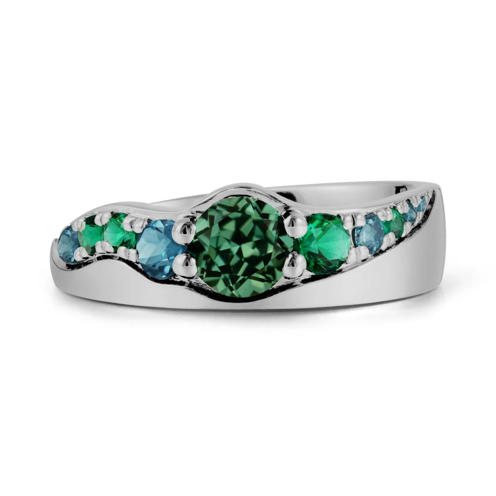 Round Green Sapphire Ring with Wave Band - Image 8