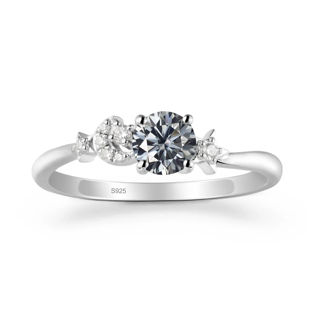 Round Grey Moissanite Ring with Moon and Pentacle