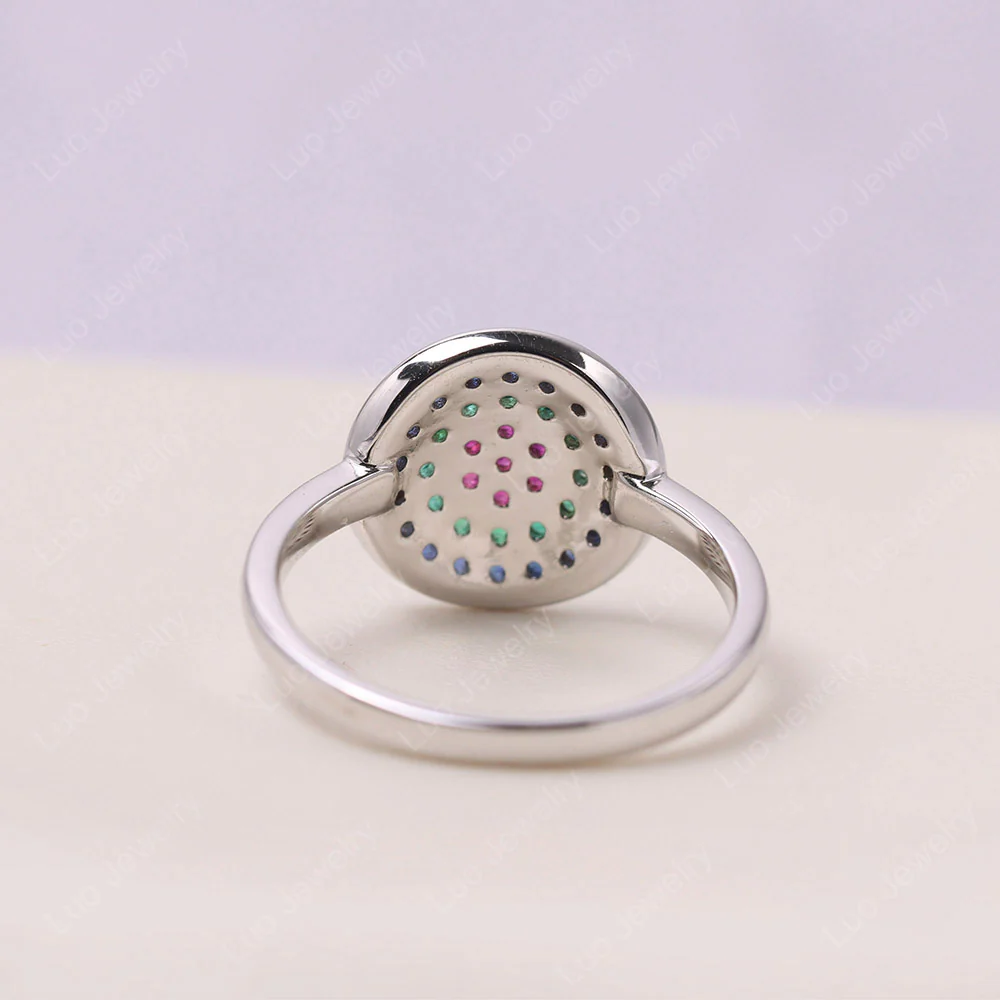 Round Halo Emerald And Ruby And Sapphire Pave Ring - Image 3