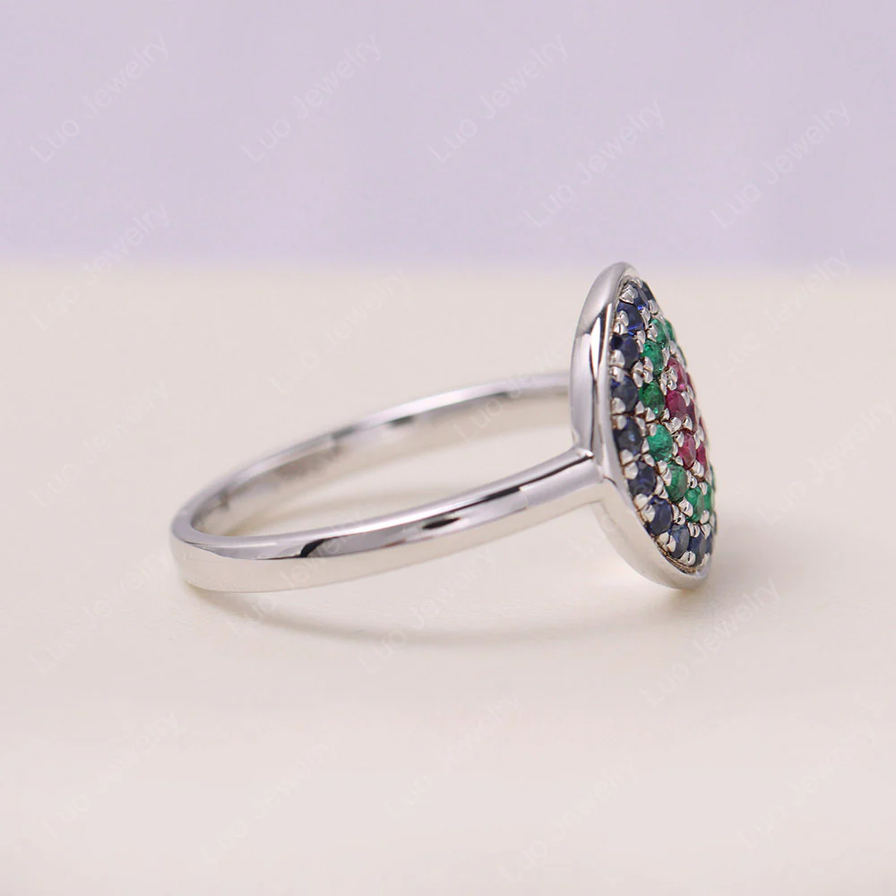 Round Halo Emerald And Ruby And Sapphire Pave Ring - Image 4