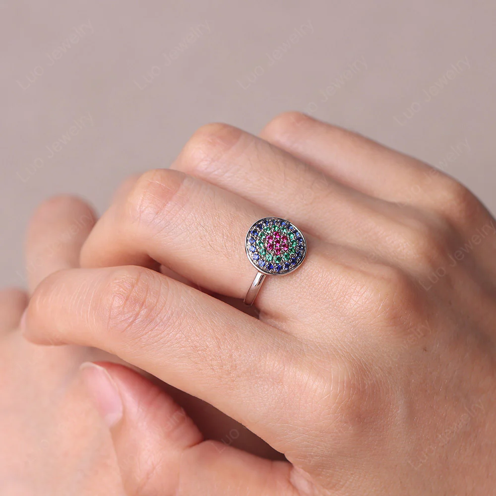 Round Halo Emerald And Ruby And Sapphire Pave Ring - Image 5