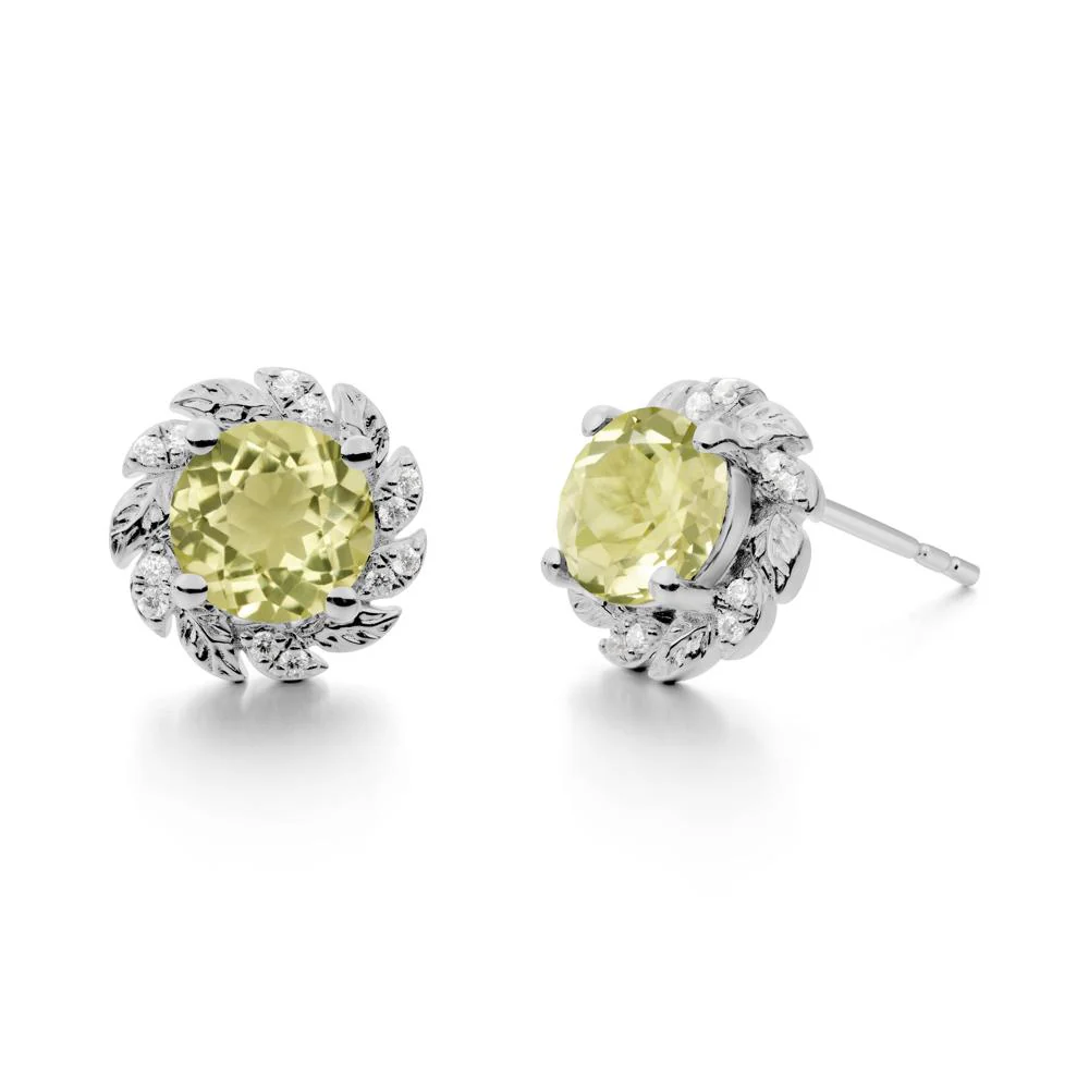 Round Lemon Quartz Leaf Halo Stud Earrings - Image 4