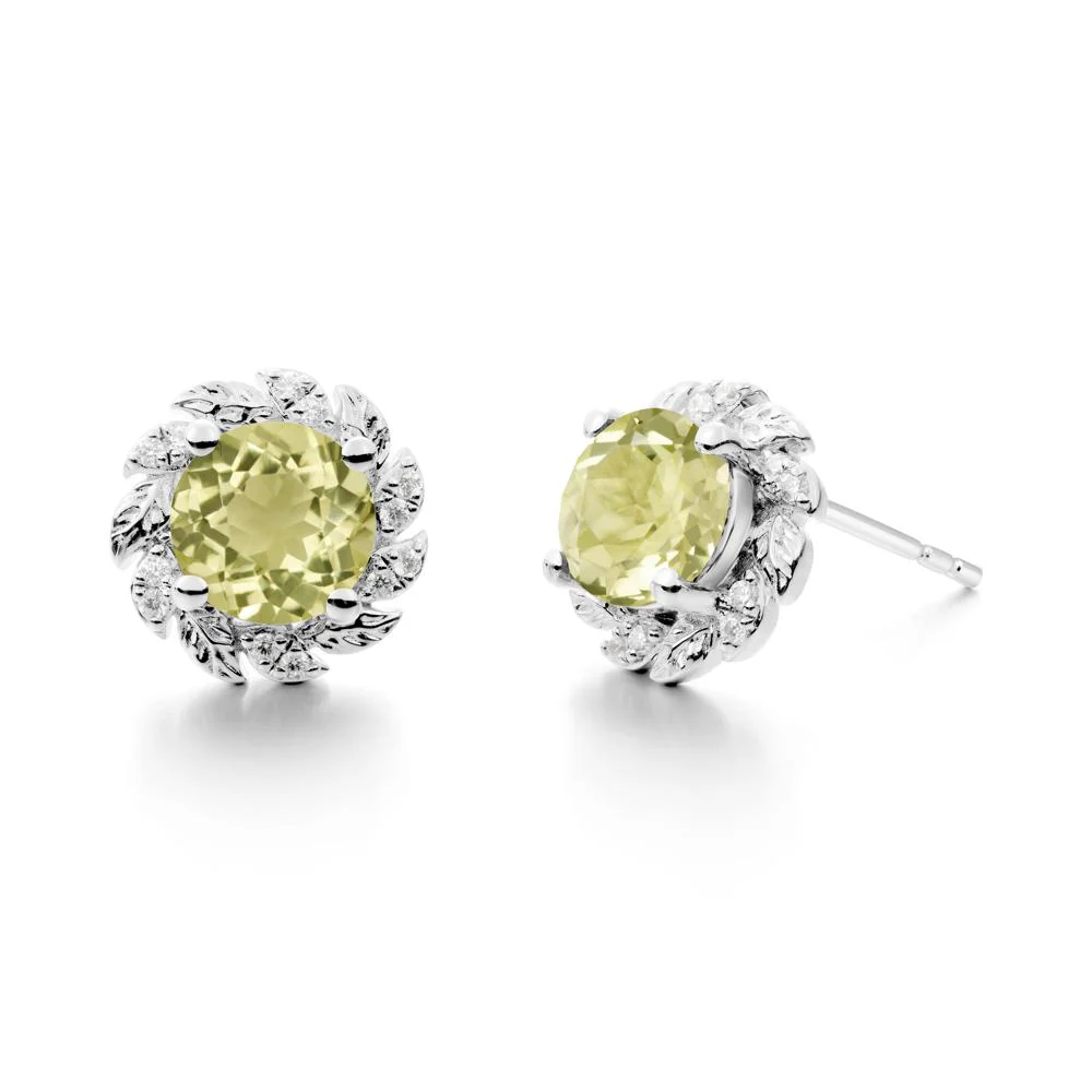 Round Lemon Quartz Leaf Halo Stud Earrings - Image 6