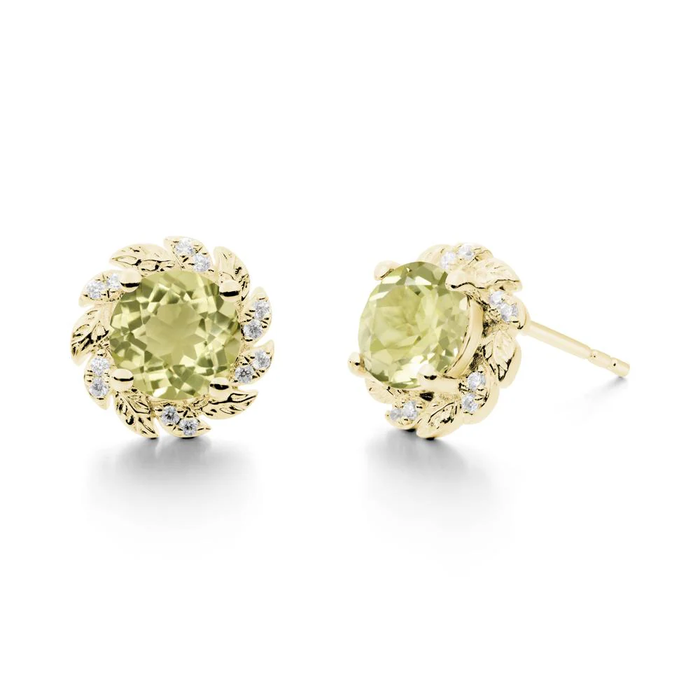 Round Lemon Quartz Leaf Halo Stud Earrings - Image 7