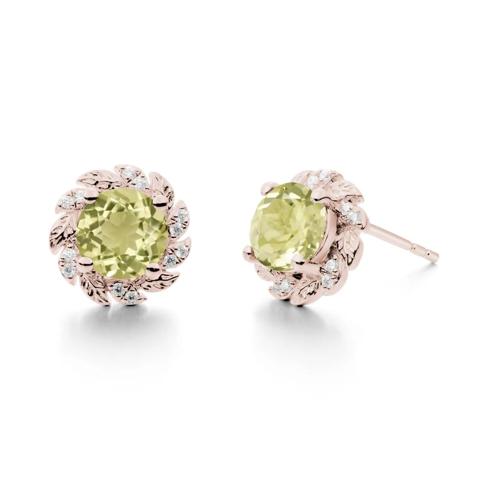Round Lemon Quartz Leaf Halo Stud Earrings - Image 8