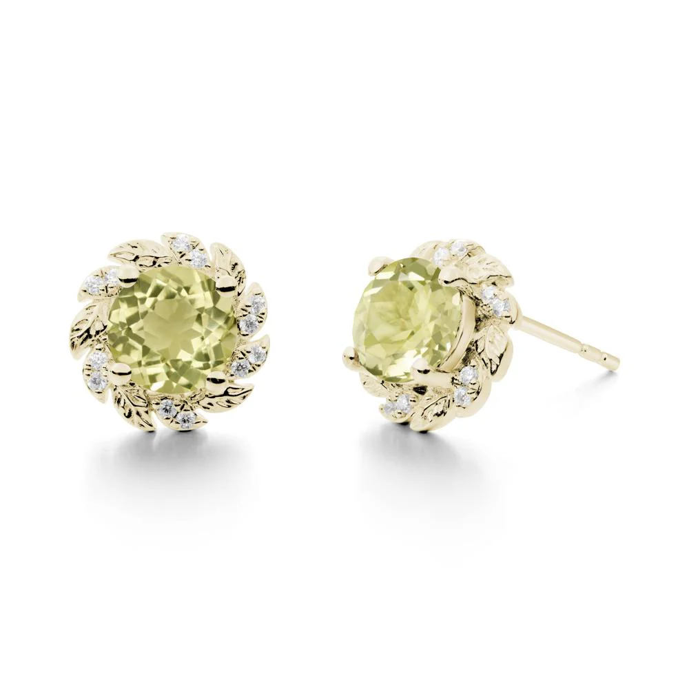 Round Lemon Quartz Leaf Halo Stud Earrings - Image 9