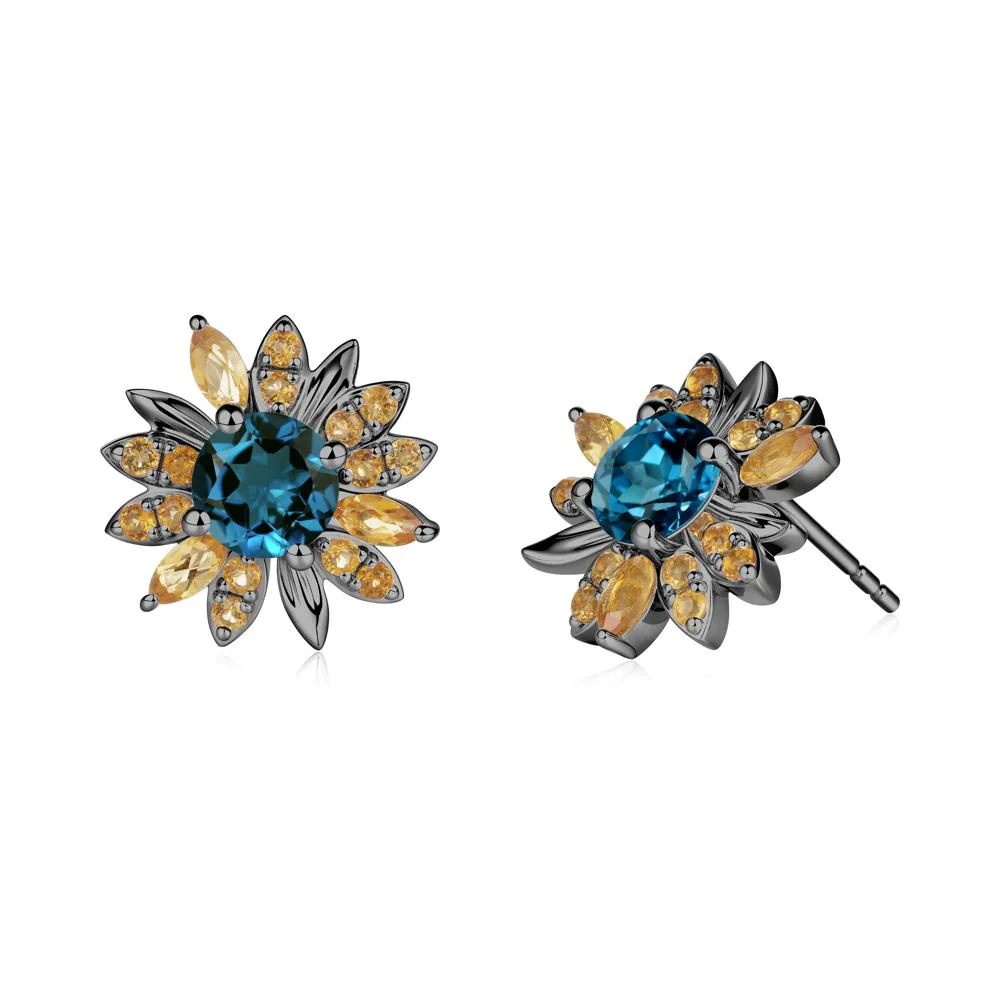 Round London Blue Topaz and Citrine Sunflower Stud Earrings