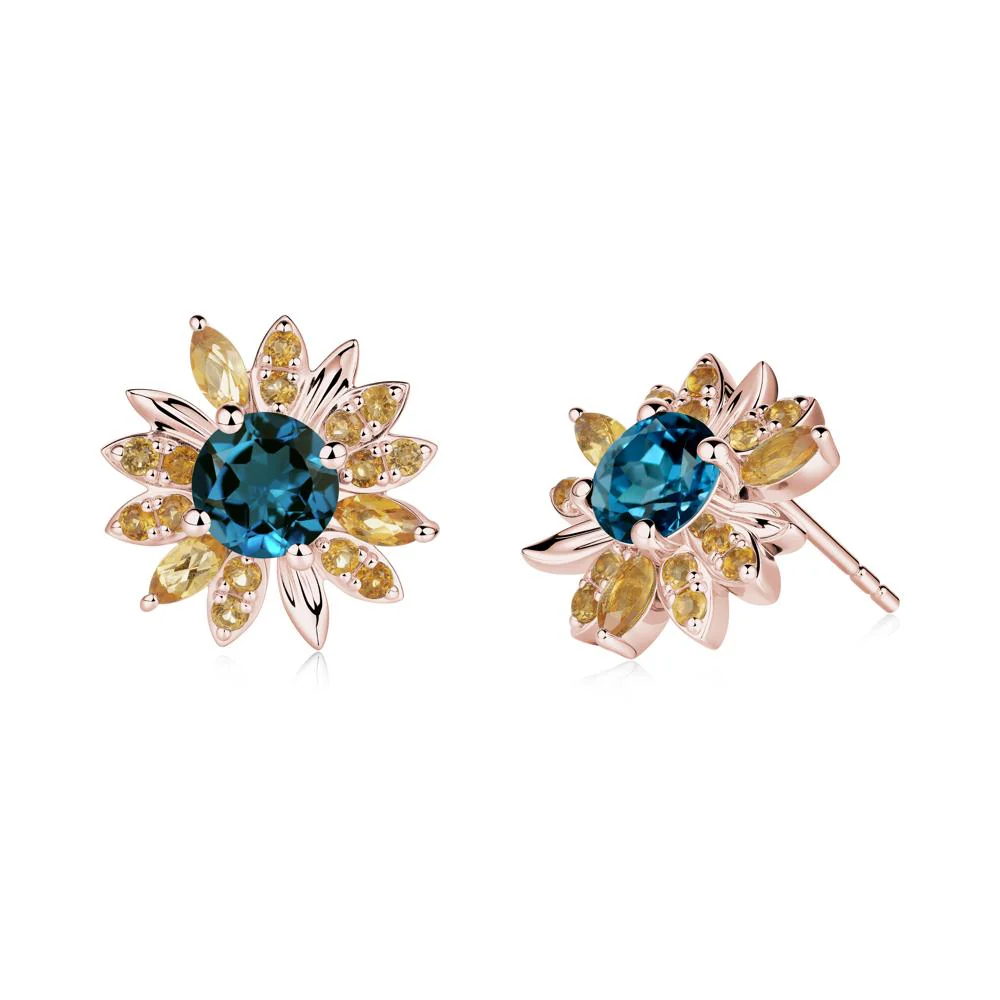 Round London Blue Topaz and Citrine Sunflower Stud Earrings - Image 5