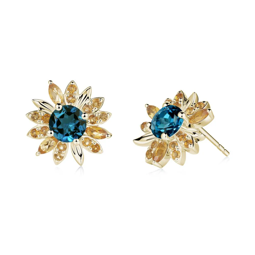 Round London Blue Topaz and Citrine Sunflower Stud Earrings - Image 6