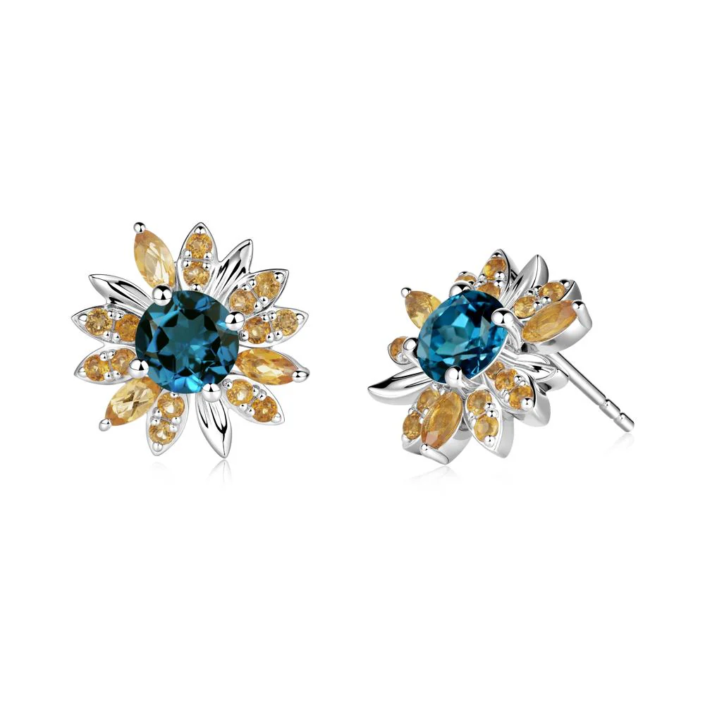 Round London Blue Topaz and Citrine Sunflower Stud Earrings - Image 8