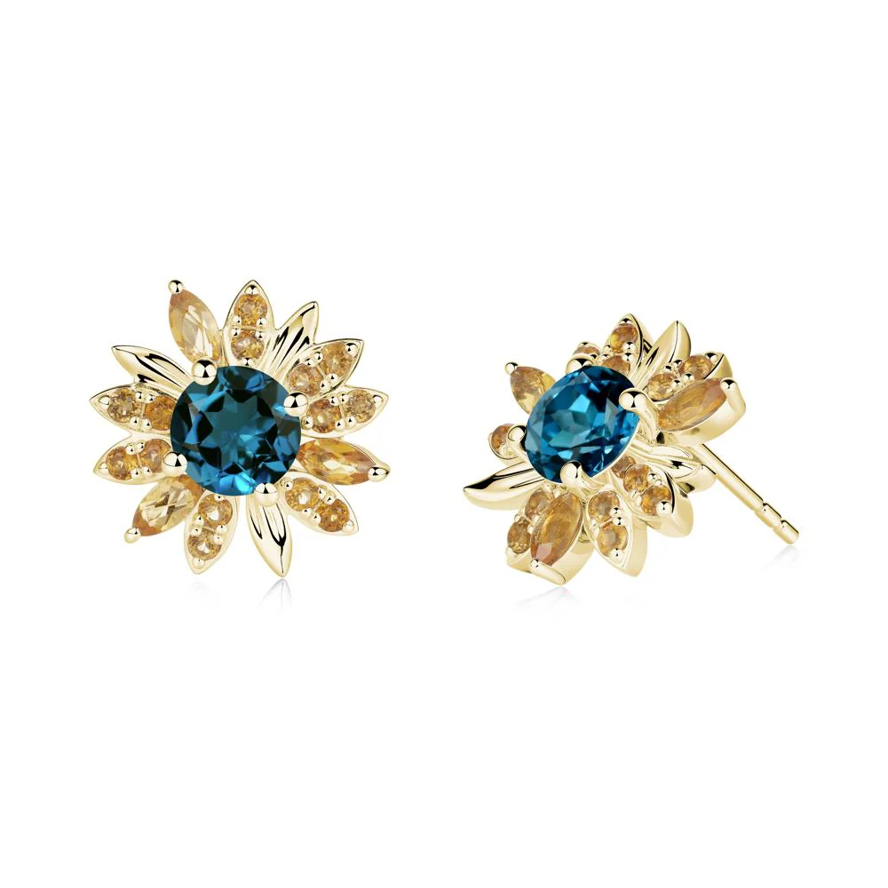 Round London Blue Topaz and Citrine Sunflower Stud Earrings - Image 9