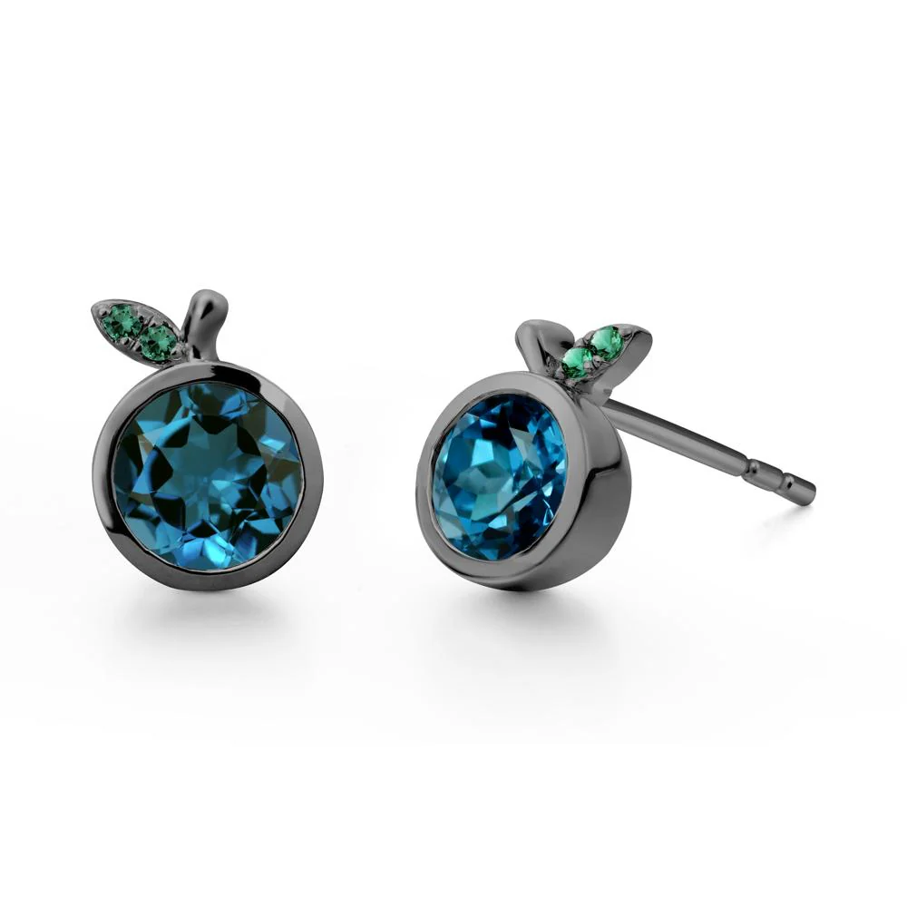Round London Blue Topaz and Emerald Leaf Stud Earrings