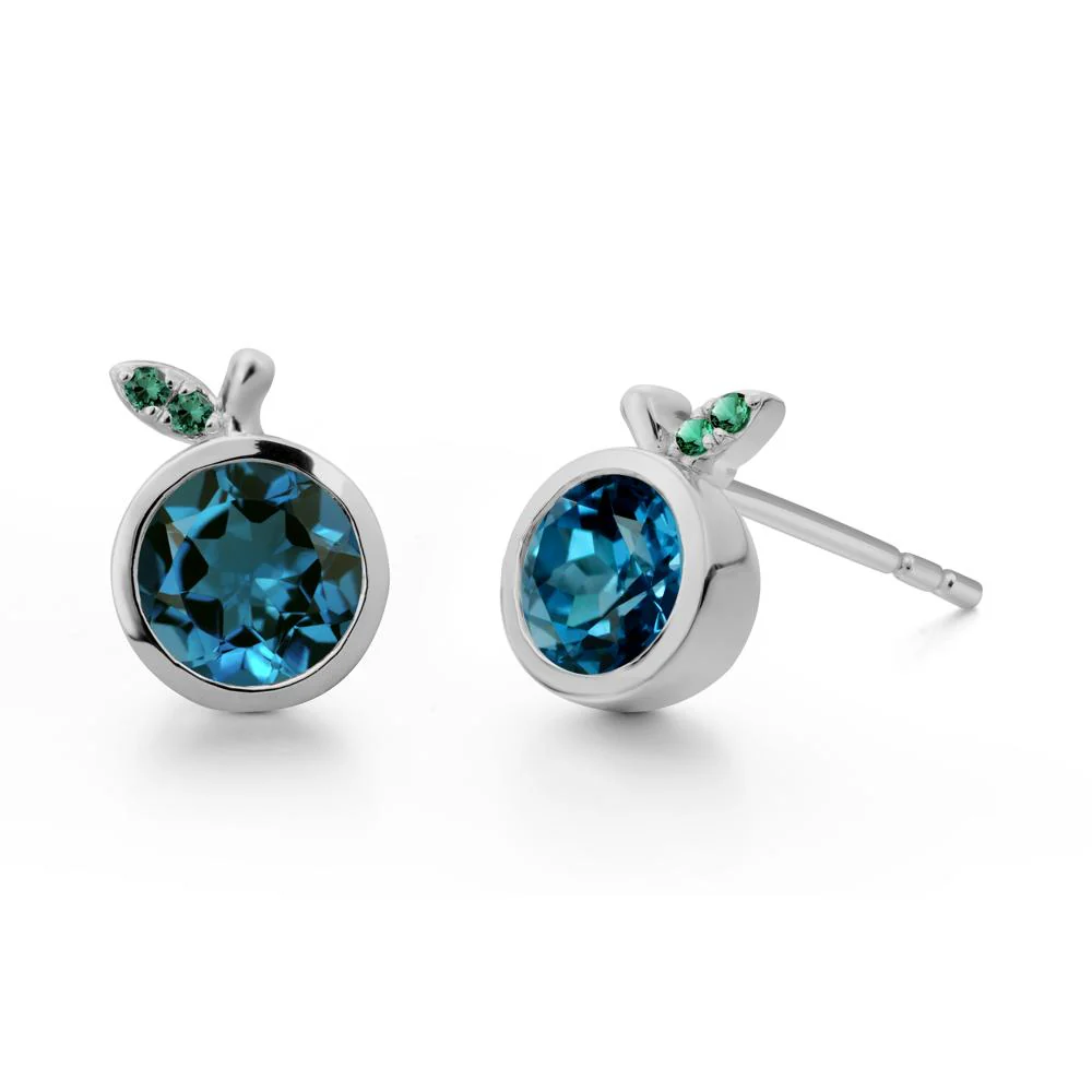 Round London Blue Topaz and Emerald Leaf Stud Earrings - Image 2