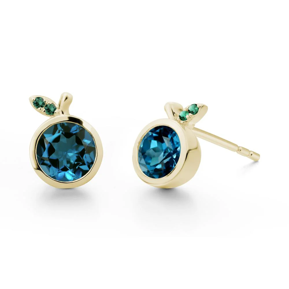 Round London Blue Topaz and Emerald Leaf Stud Earrings - Image 4