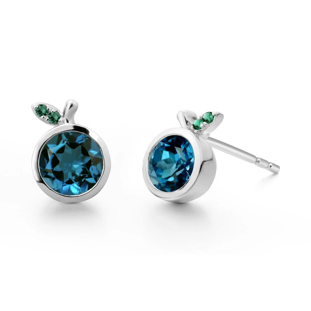Round London Blue Topaz and Emerald Leaf Stud Earrings - Image 5