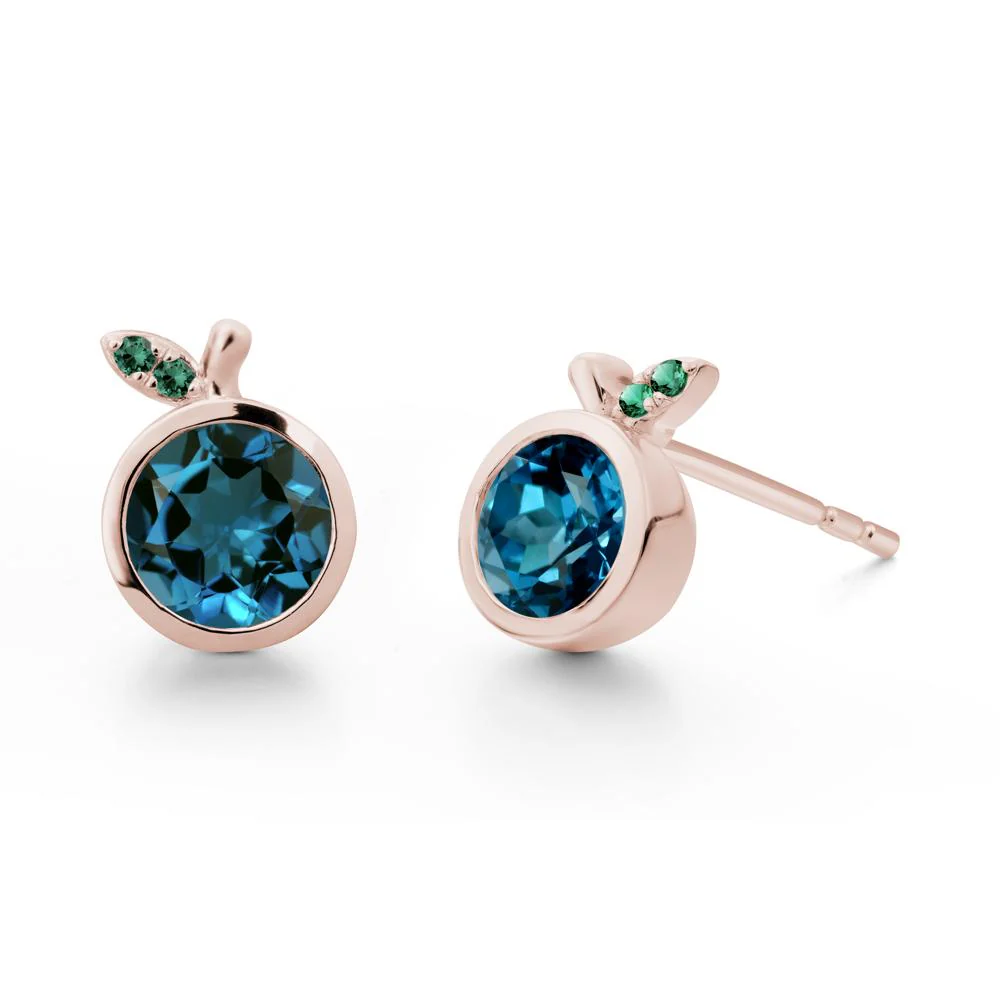 Round London Blue Topaz and Emerald Leaf Stud Earrings - Image 8
