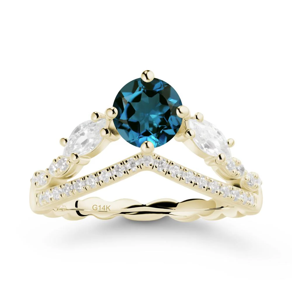 Round London Blue Topaz Crown Ring with Leaf