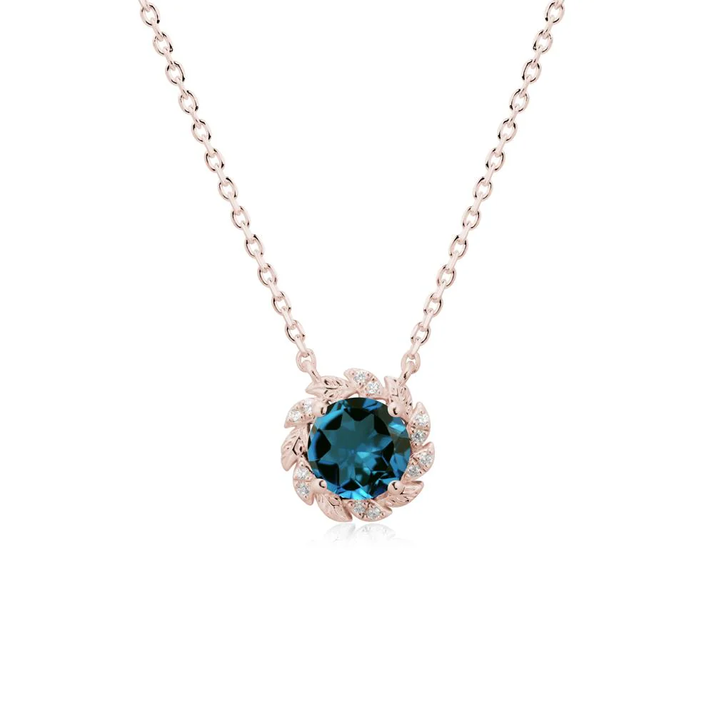 Round London Blue Topaz Leaf Halo Necklace - Image 2