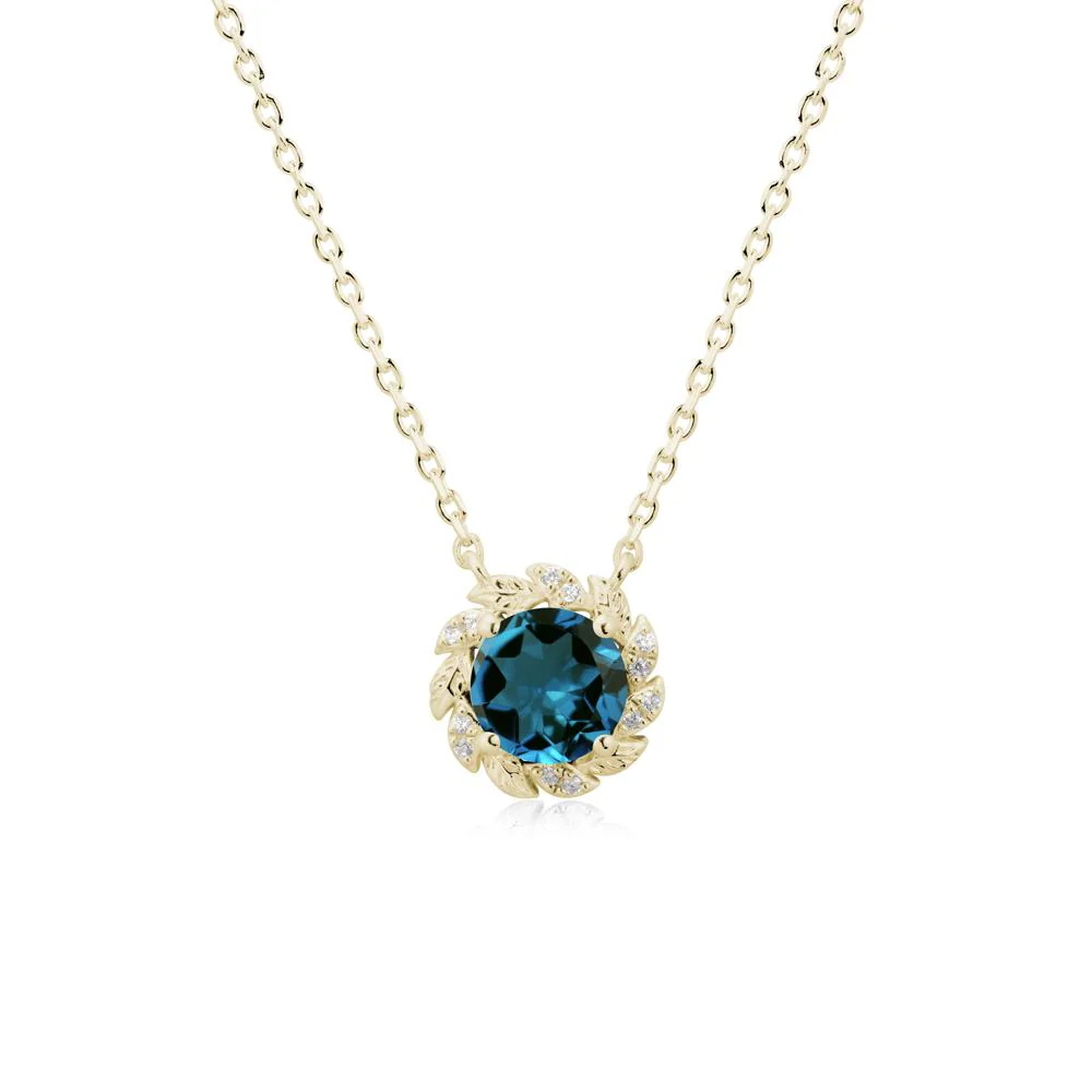 Round London Blue Topaz Leaf Halo Necklace - Image 3