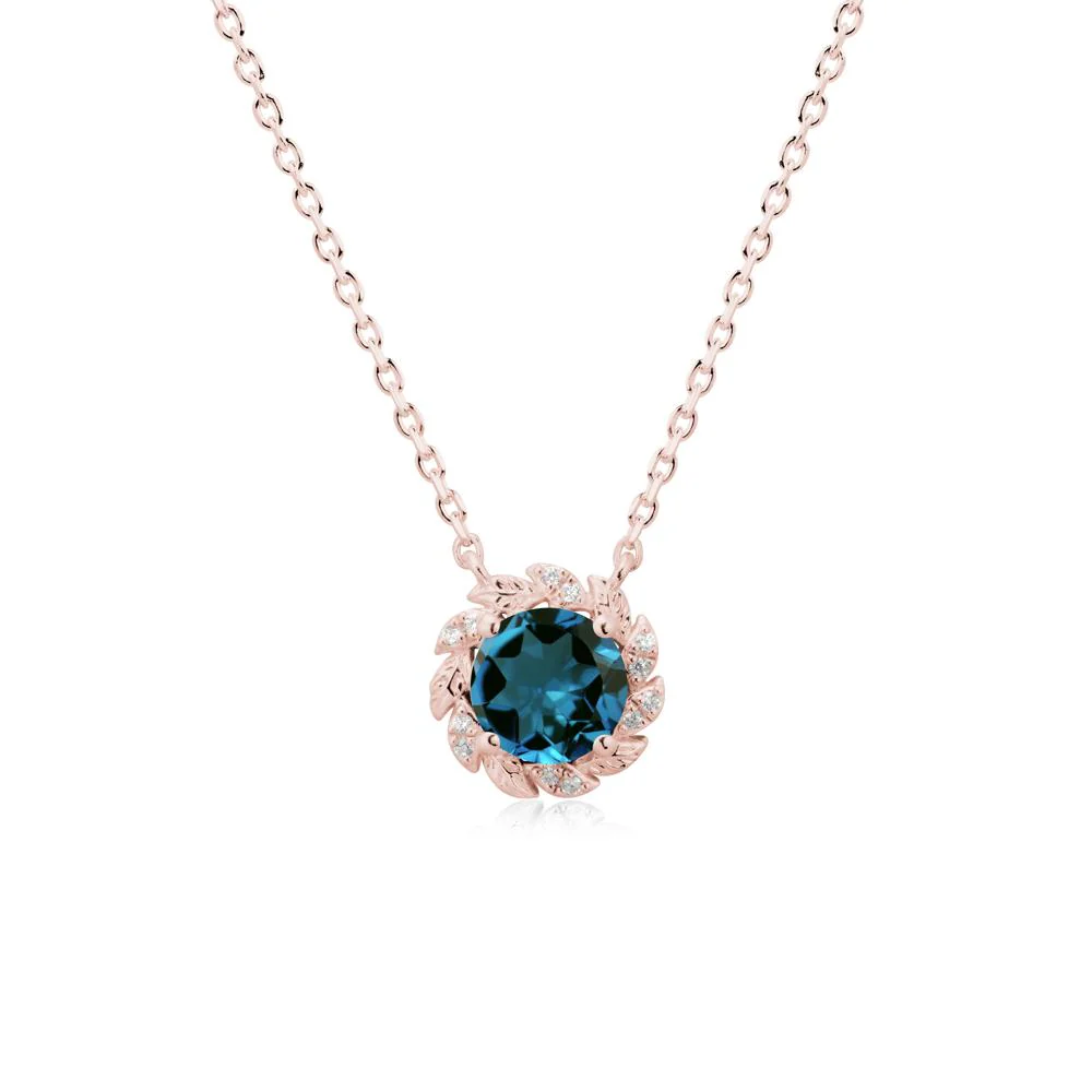 Round London Blue Topaz Leaf Halo Necklace - Image 4