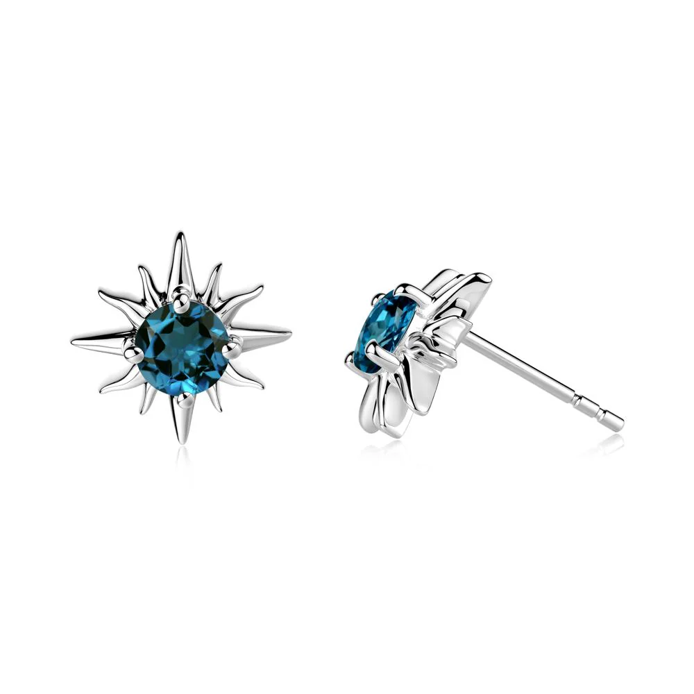 Round London Blue Topaz Sun Stud Earrings - Image 3