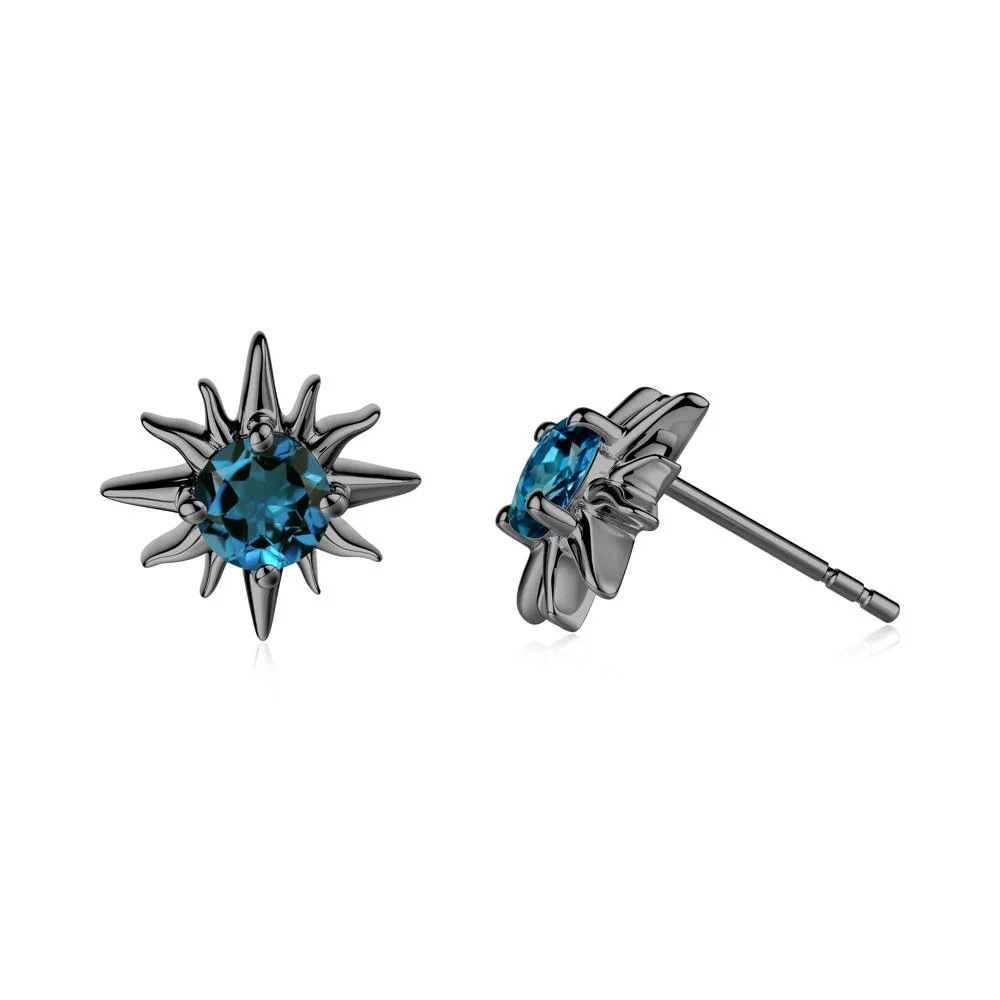 Round London Blue Topaz Sun Stud Earrings - Image 6
