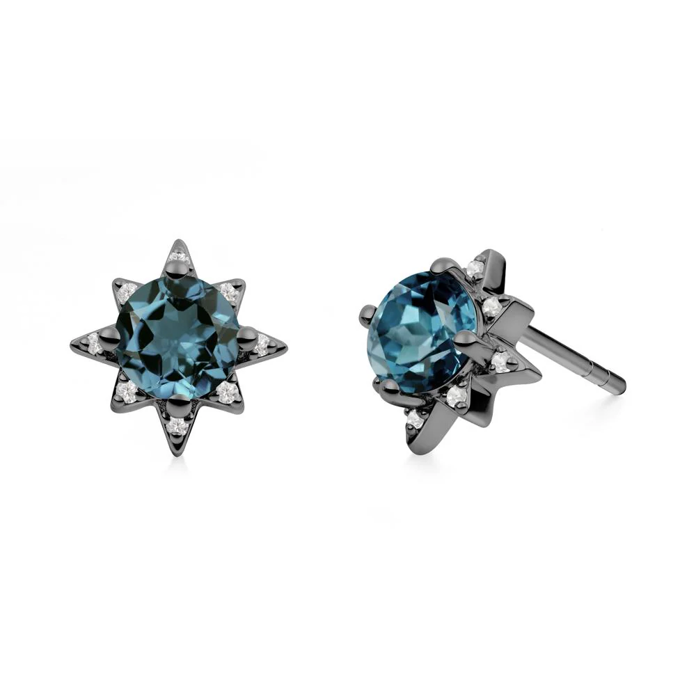 Round London Blue Topaz Sunburst Stud Earrings - Image 2