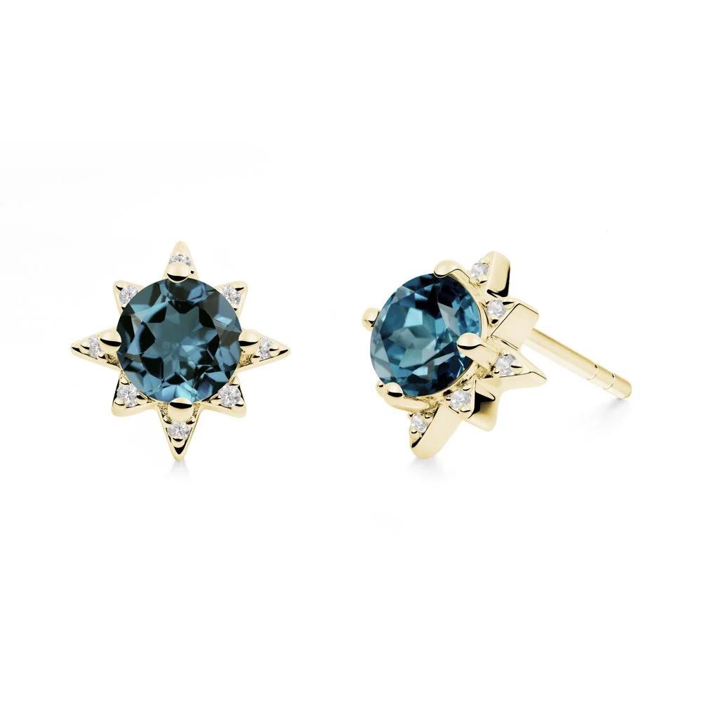 Round London Blue Topaz Sunburst Stud Earrings - Image 4