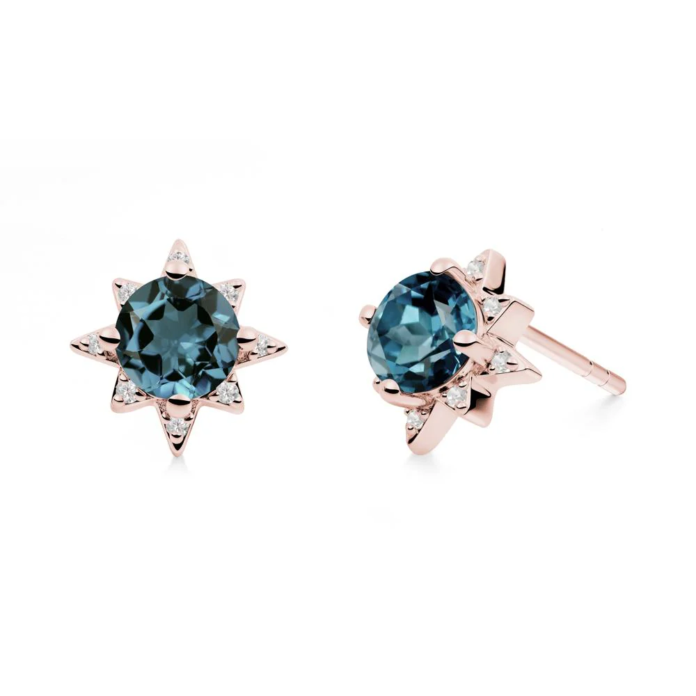 Round London Blue Topaz Sunburst Stud Earrings - Image 7
