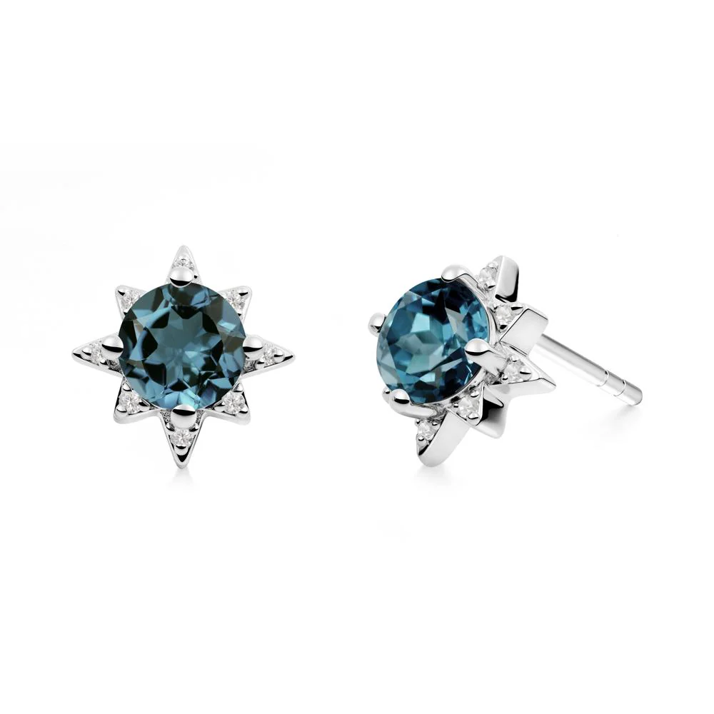 Round London Blue Topaz Sunburst Stud Earrings - Image 9