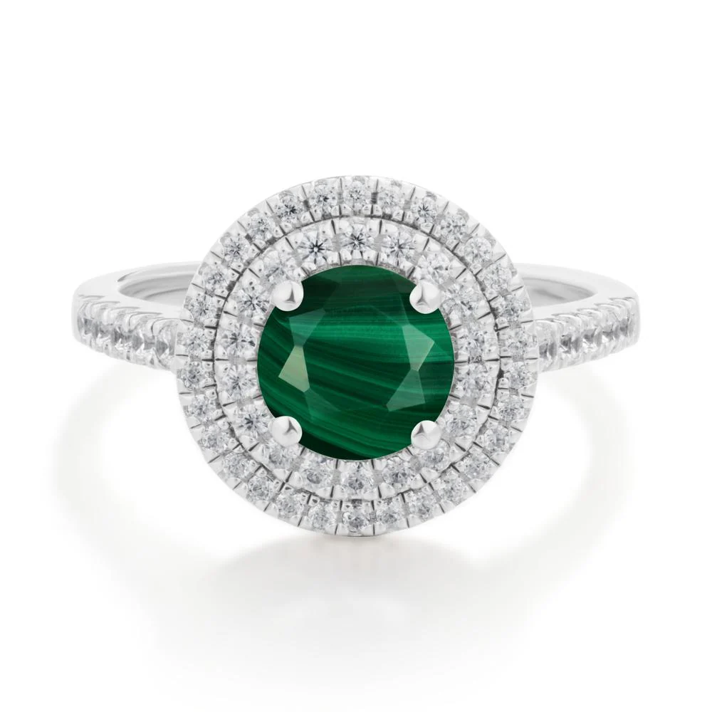 Round Malachite Double Halo Engagement Ring - Image 4