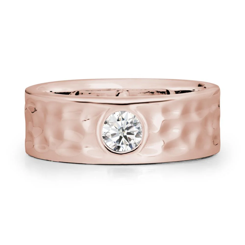 Round Moissanite Ring In Hammered Wide Band - Image 2