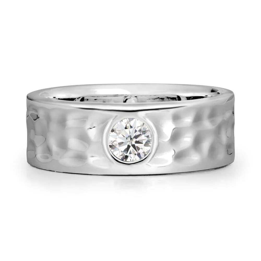 Round Moissanite Ring In Hammered Wide Band - Image 3