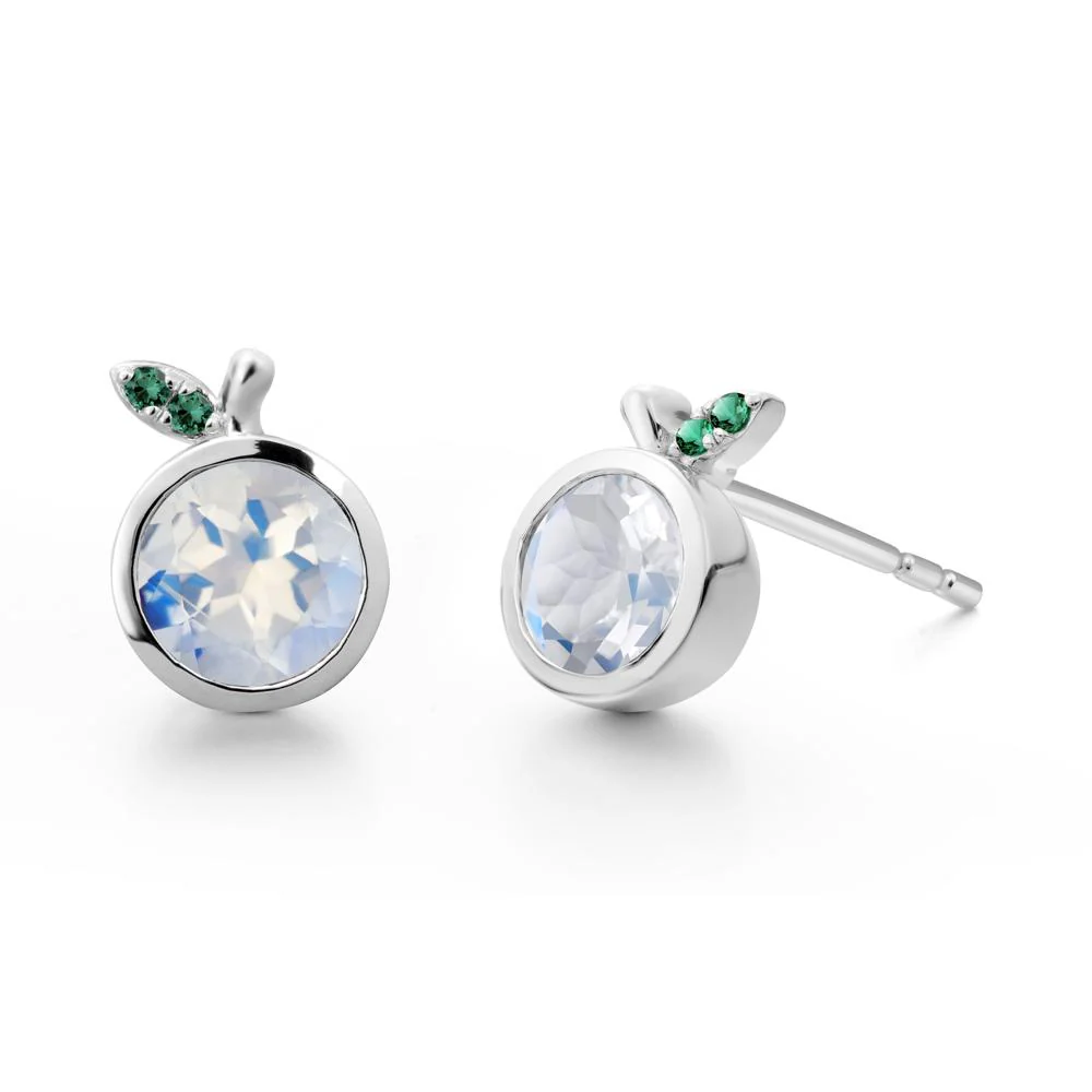 Round Moonstone and Emerald Leaf Stud Earrings - Image 4