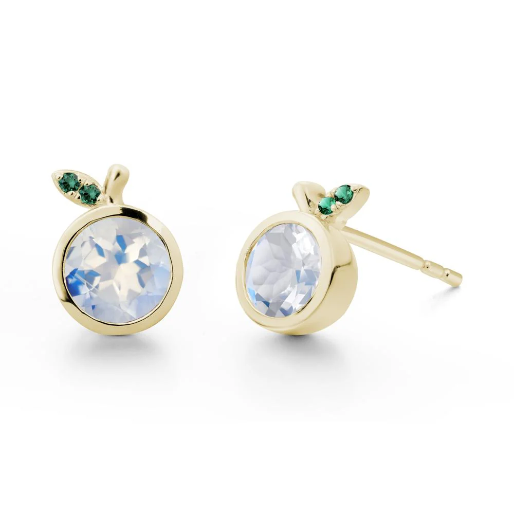 Round Moonstone and Emerald Leaf Stud Earrings - Image 5