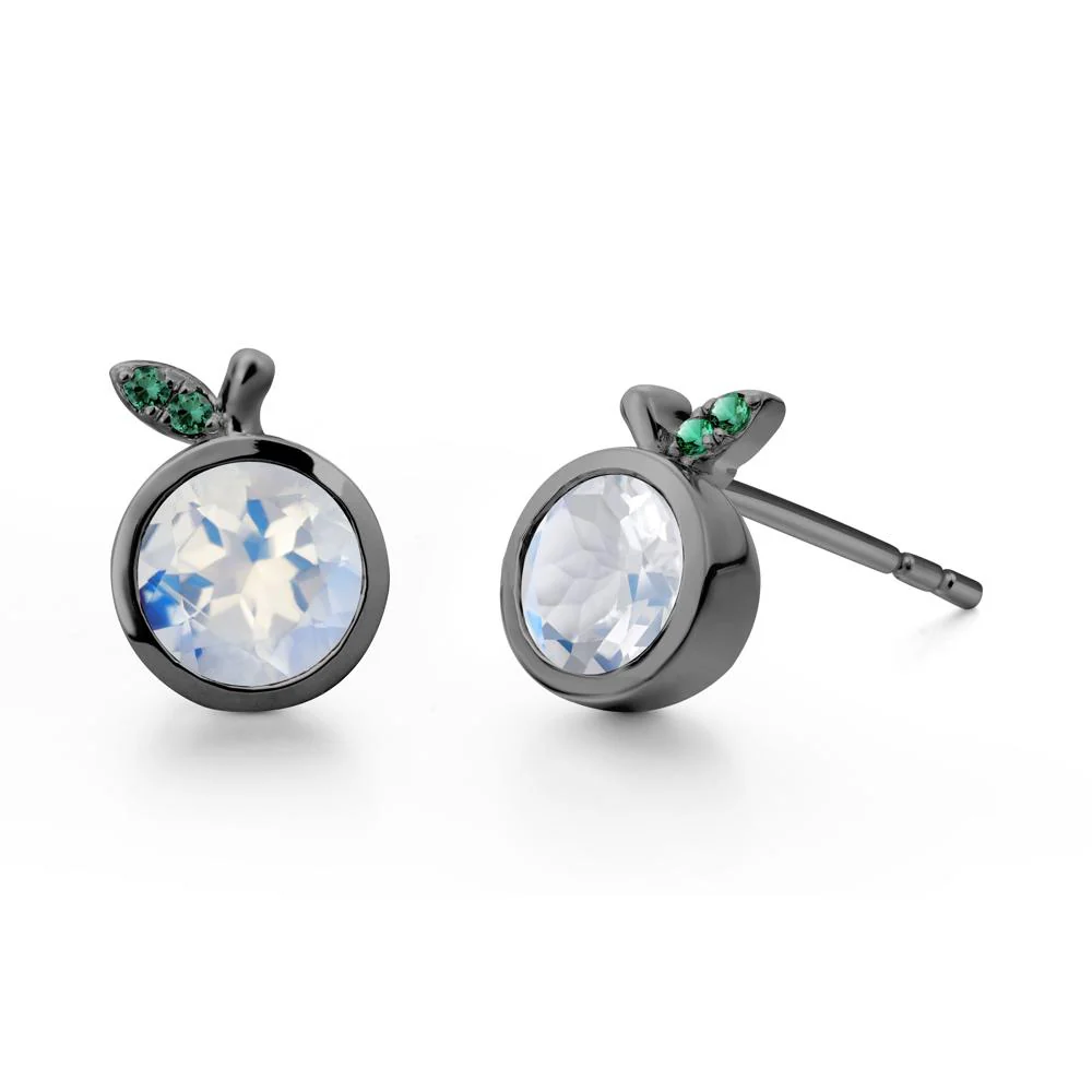 Round Moonstone and Emerald Leaf Stud Earrings - Image 7
