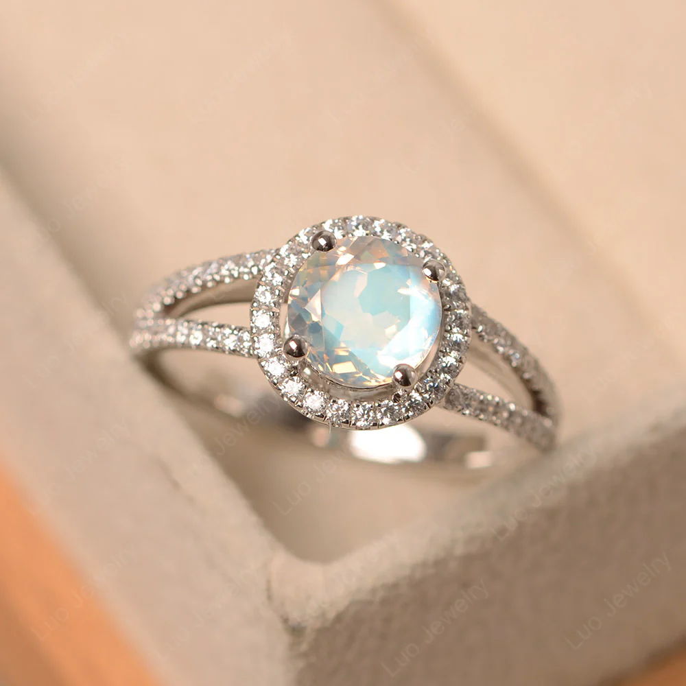 Round Moonstone Halo Split Shank Ring